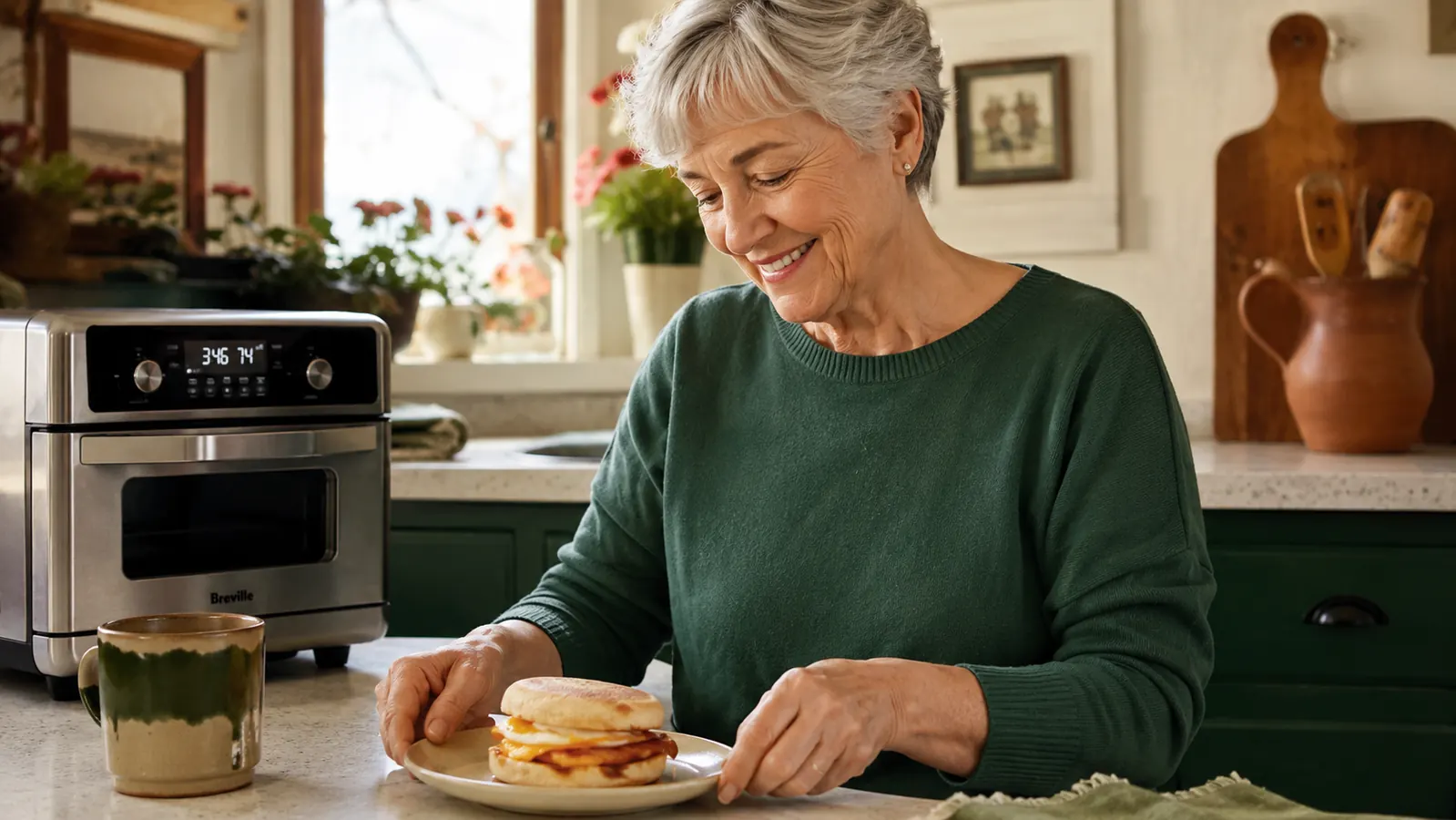Finished breakfast sandwich on a small plate next to the sandwich maker on a compact kitchen counter