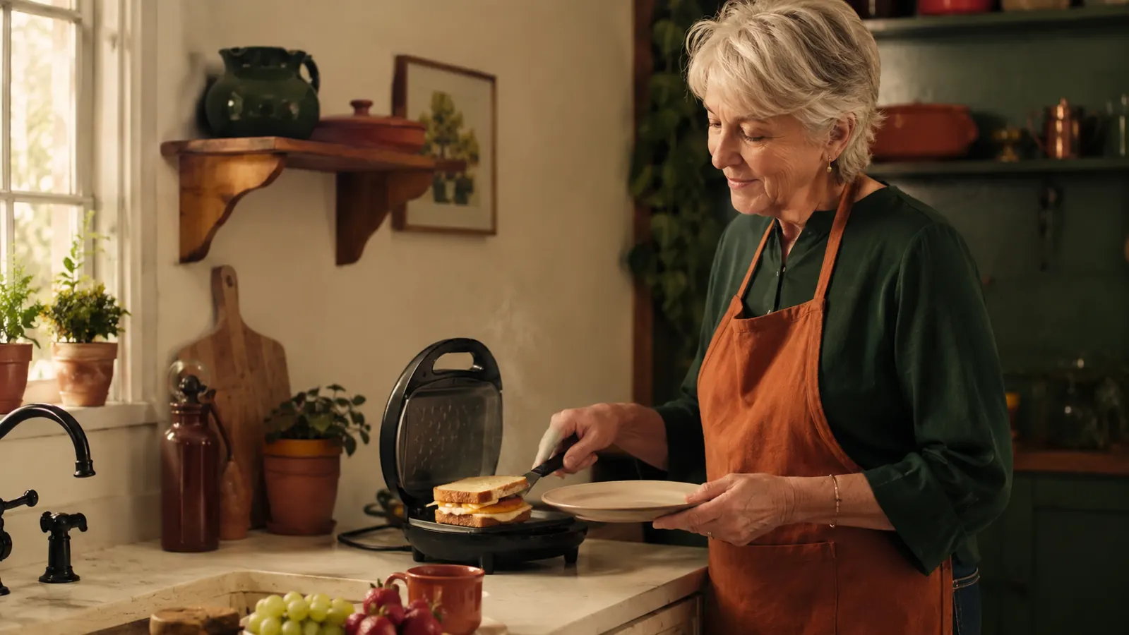 Small kitchen counter at sunrise with a breakfast sandwich maker steaming next to a coffee mug