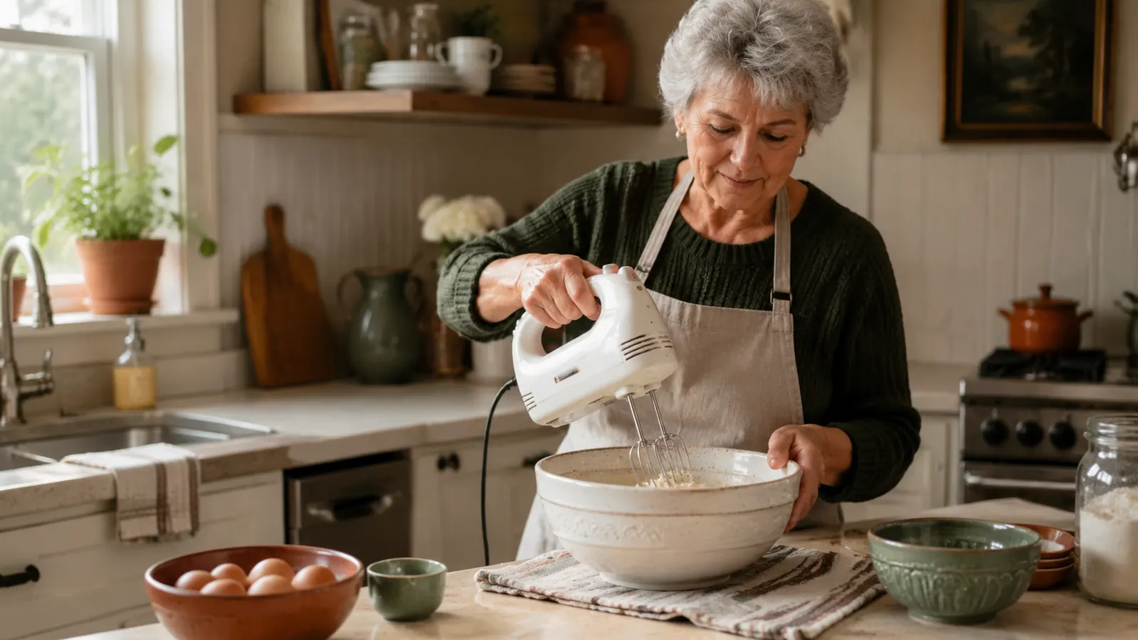 A white Hamilton Beach hand mixer resting on a folded towel next to a mixing bowl on a small kitchen counter