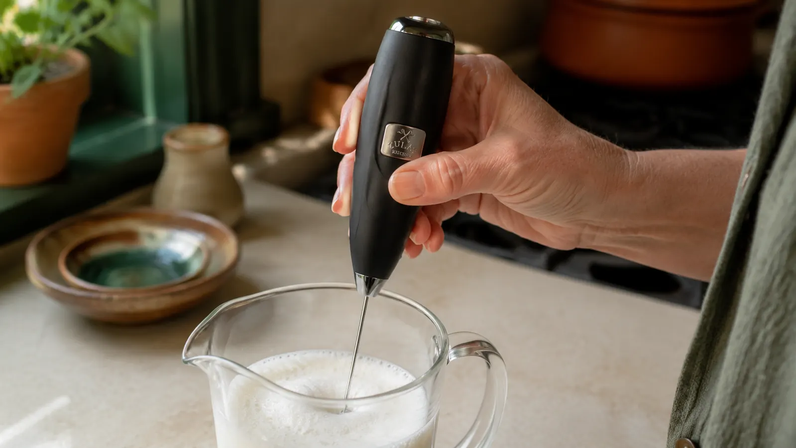 Hand holding the Zulay handheld frother whisking milk in a small pitcher