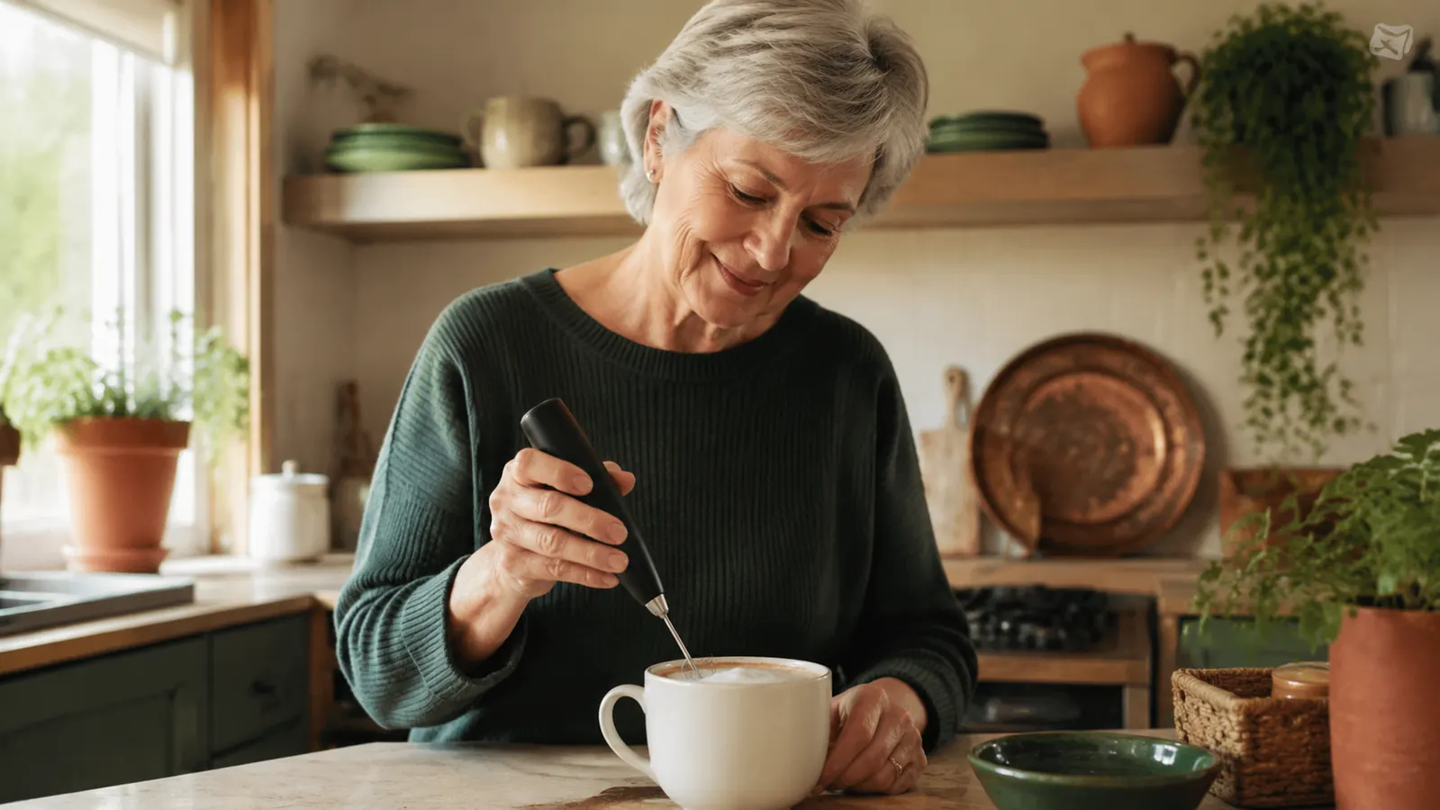 A small handheld milk frother resting in a mug of foamy coffee on a kitchen counter