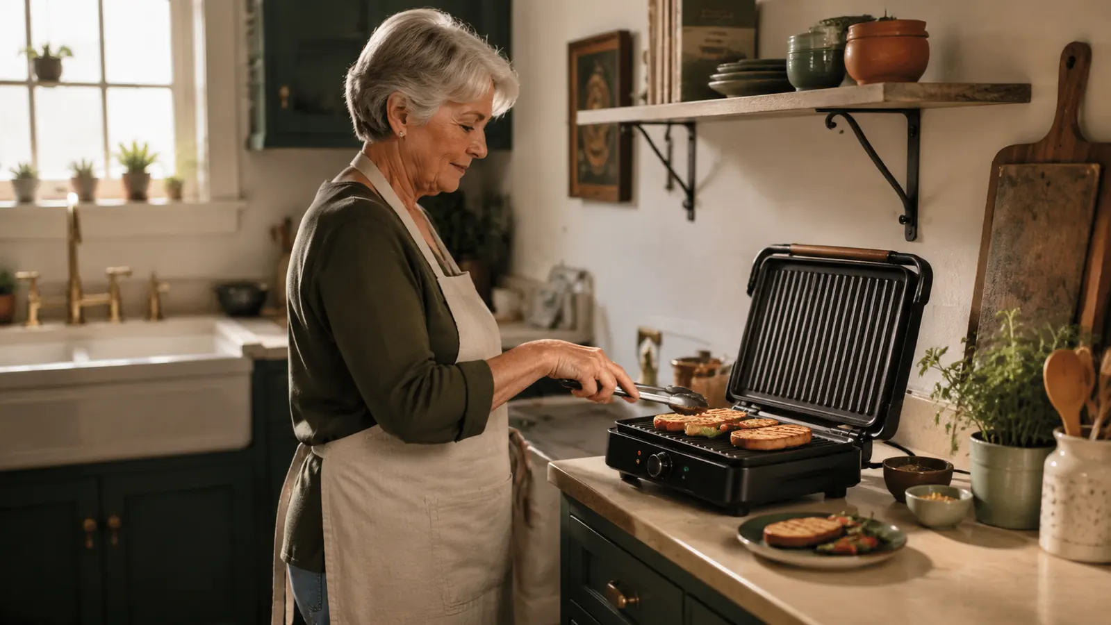 Small countertop grill sitting open on a compact kitchen counter next to a window with morning light