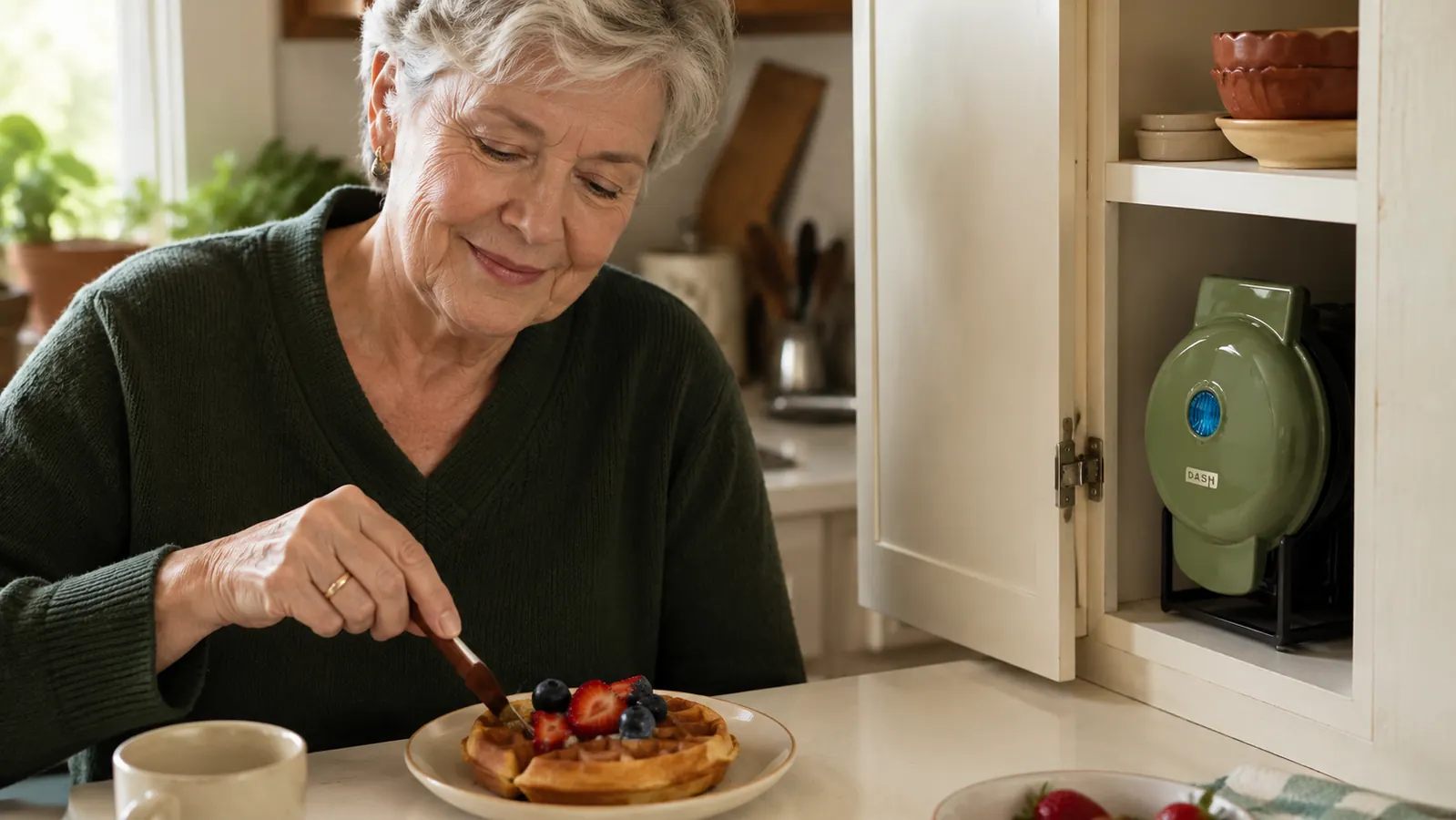 A small waffle on a plate next to the compact waffle maker stored upright in a cabinet