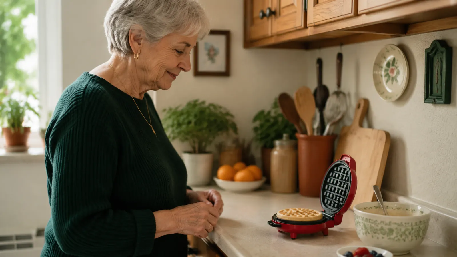 A red Dash Mini Waffle Maker sitting on a small kitchen counter next to a coffee mug