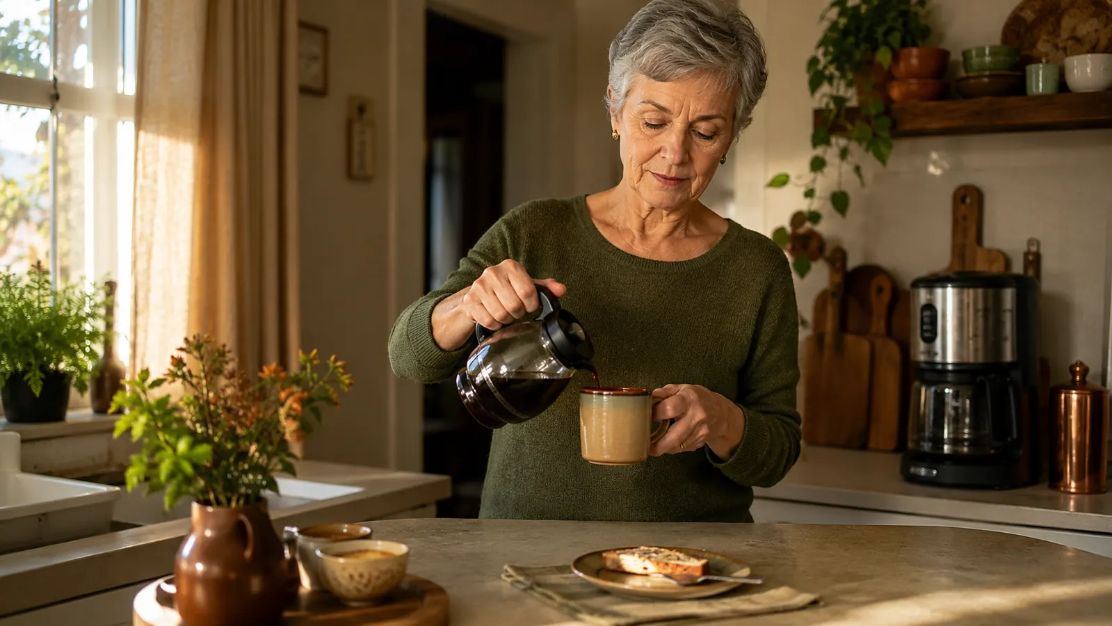 Soft morning light on a small kitchen counter with a single plate and coffee cup, quiet Sunday feeling