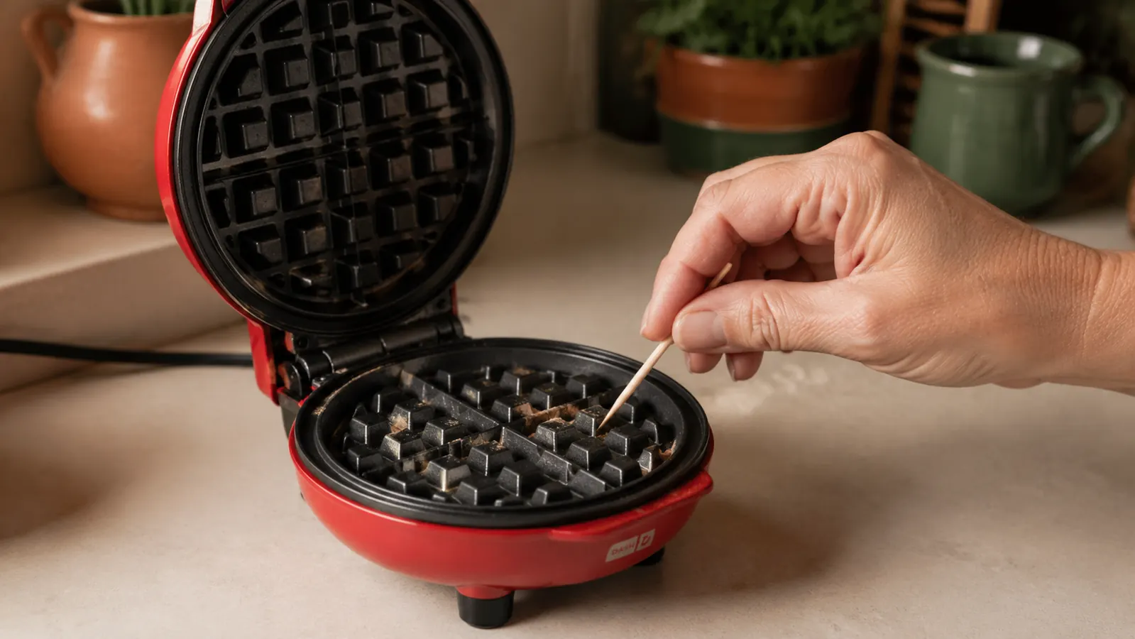 Hand scraping dried batter residue from the edge of the waffle maker's grid with a toothpick