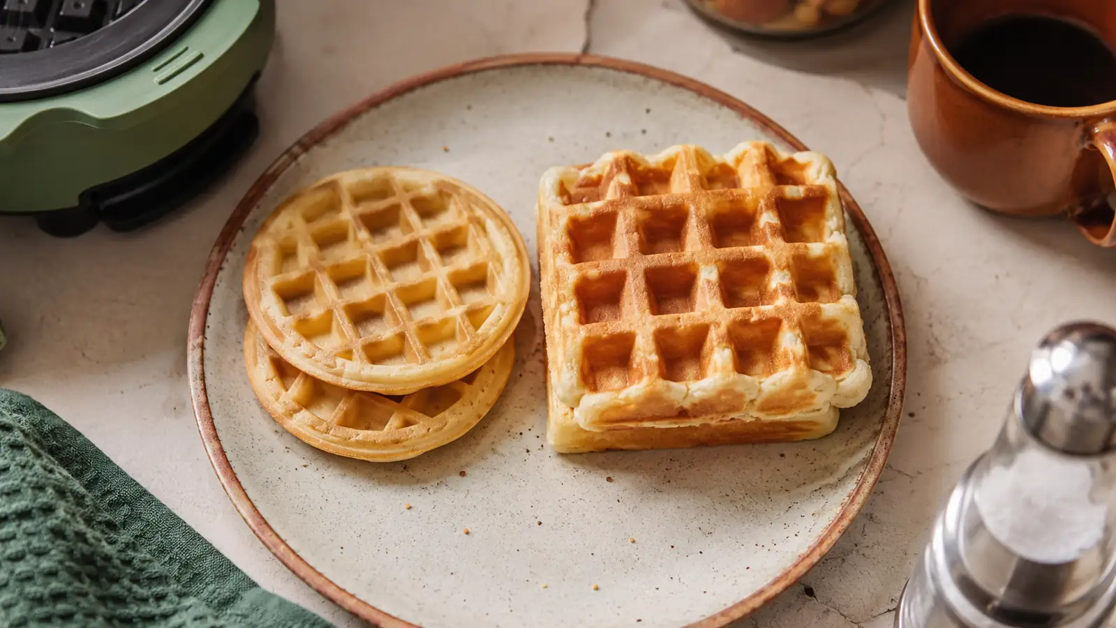A stack of two thin mini waffles next to a full-size Belgian waffle for size comparison on a wooden table