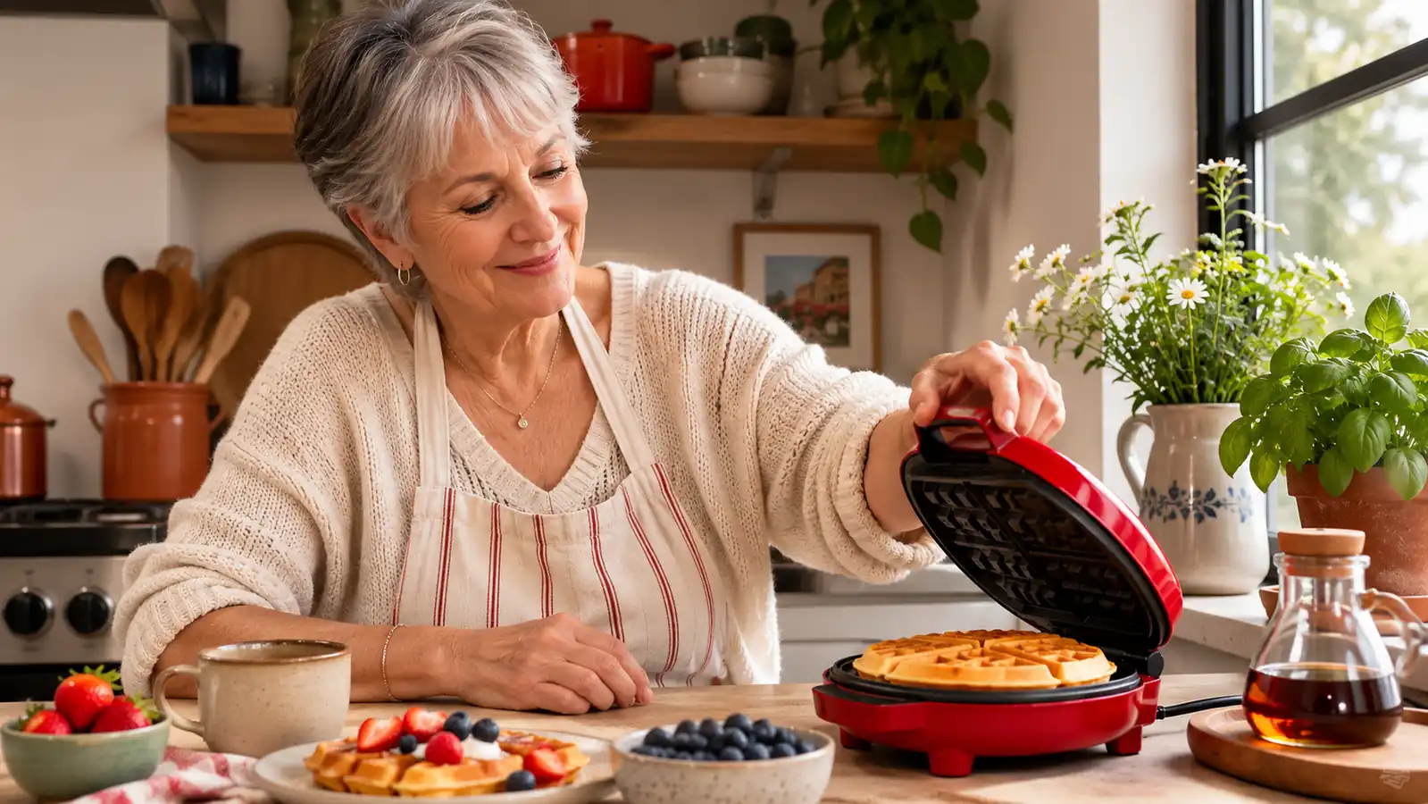 Small red Dash mini waffle maker sitting on a sunny kitchen counter next to a mug of coffee