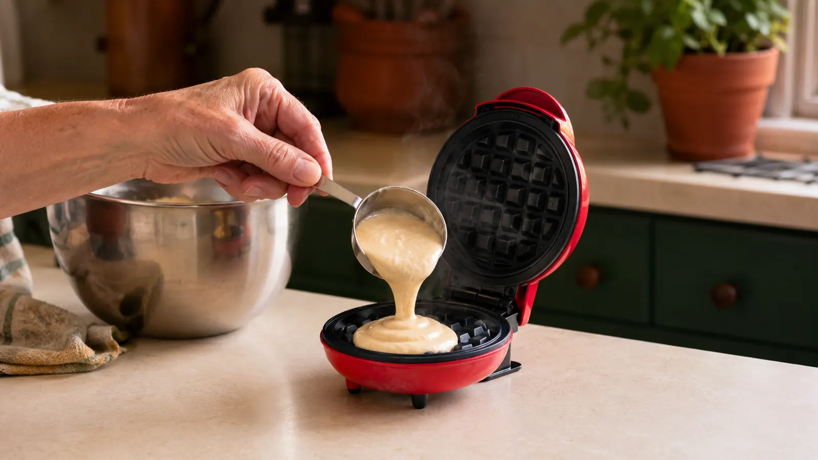 Hand pouring a small amount of waffle batter into the open mini waffle maker