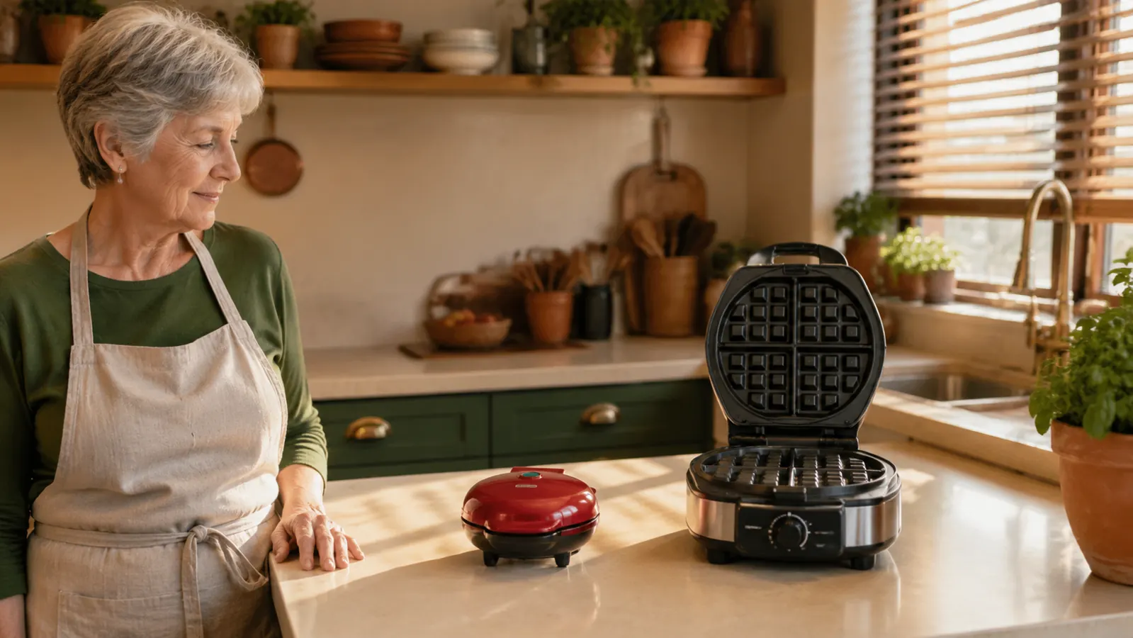 A small red mini waffle maker sitting next to a bulky Belgian waffle iron on a kitchen counter, size difference visible