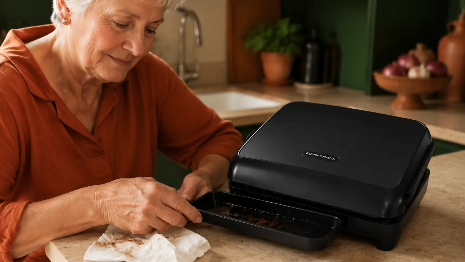 Close-up of the George Foreman GR10B drip tray pulled halfway out, showing grease collected from a cooking session