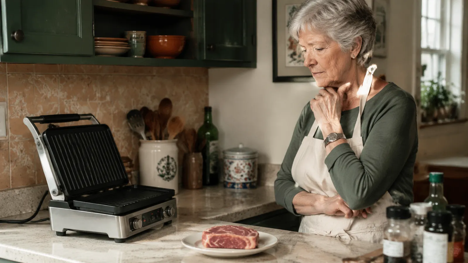 Retired woman standing at a small counter looking at a thick pork chop next to the mini grill, deciding whether to finish it in the oven