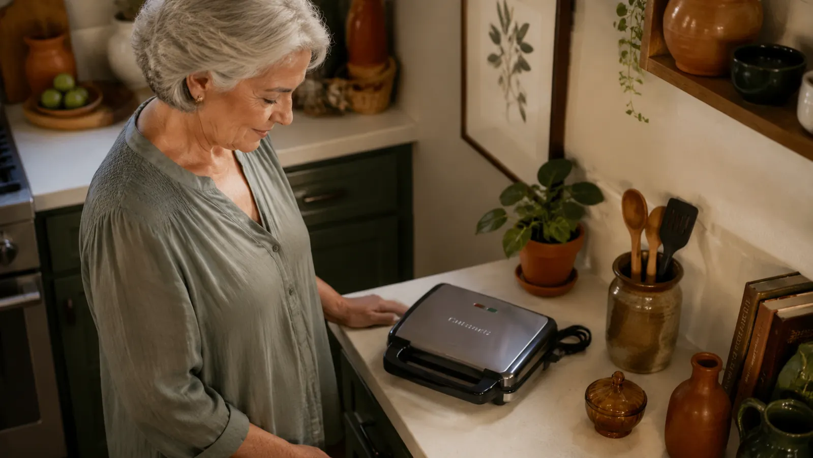 George Foreman GR10B mini grill sitting closed on a kitchen counter next to a stack of folded dish towels