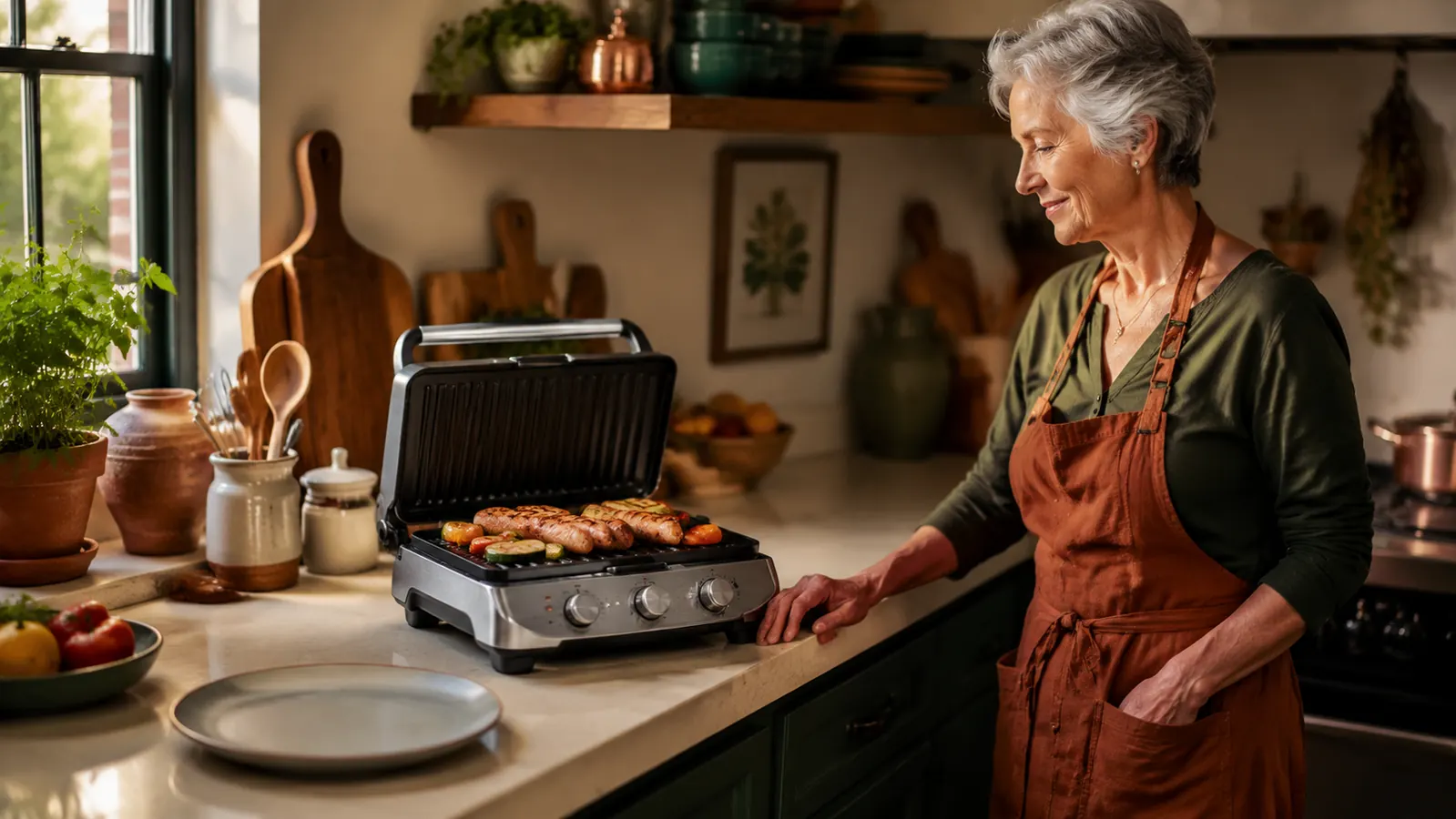 Small terracotta-toned kitchen counter with the George Foreman GR10B mini grill open, steam rising off a grilled chicken breast