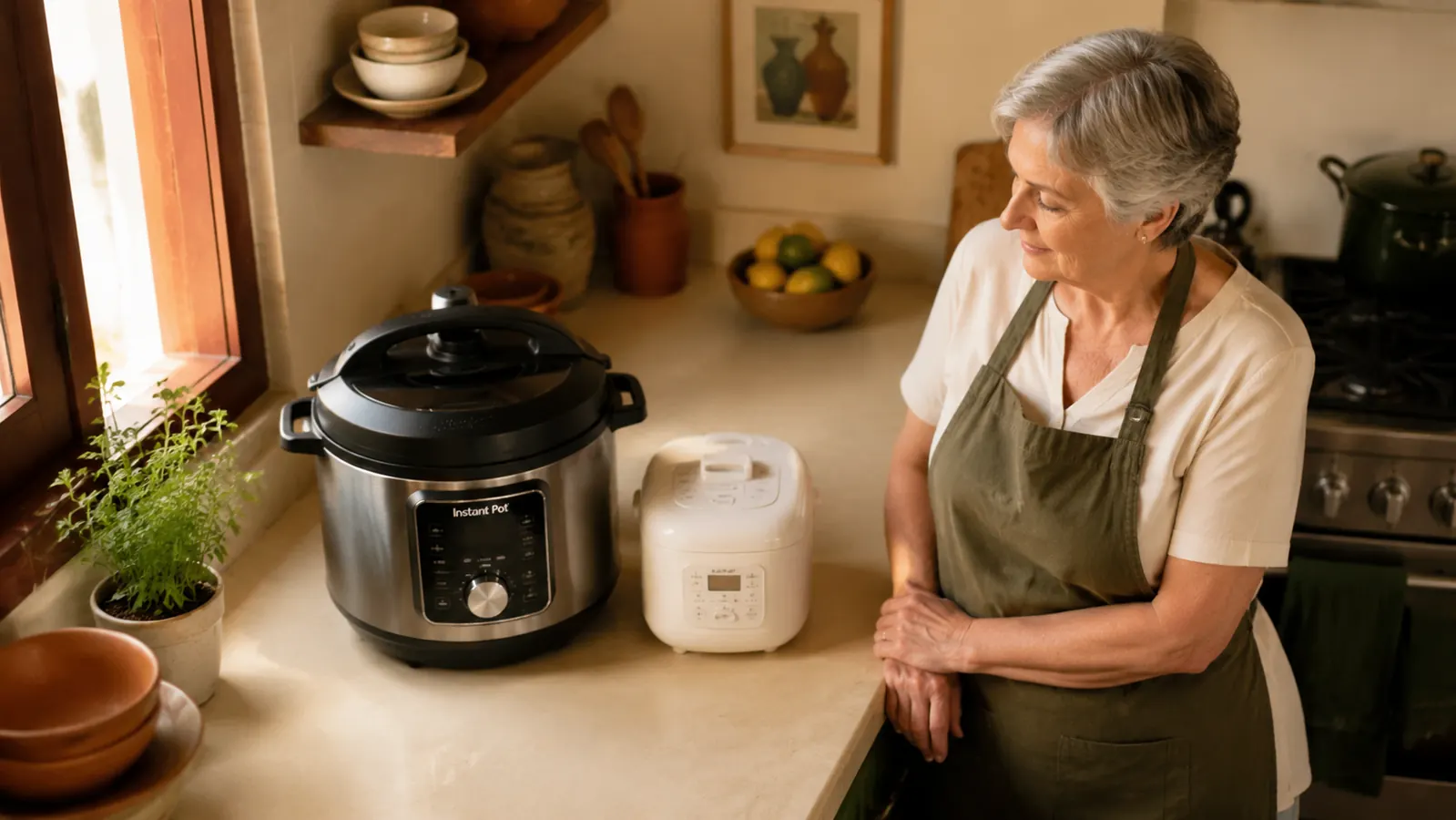 Small terracotta-tiled kitchen counter with a compact George Foreman mini grill next to a larger panini press, side by side for size comparison