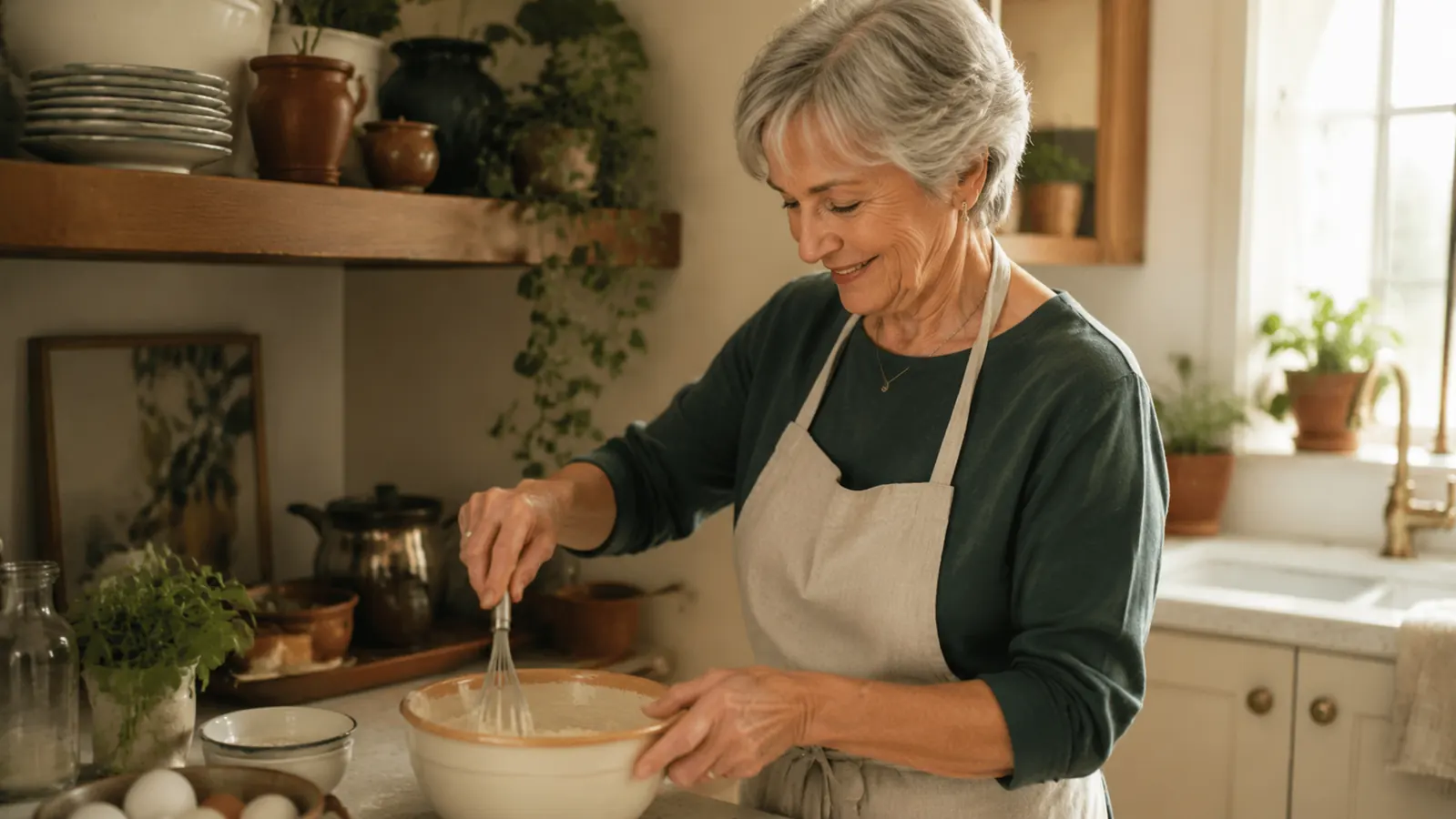 Retired woman in a small kitchen holding a mixing bowl near a sunny window