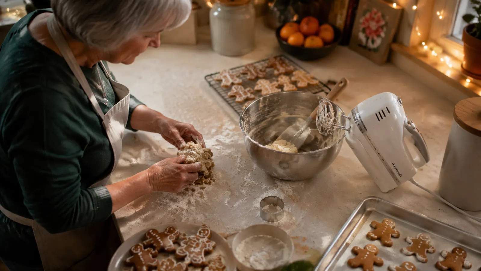 Flour-dusted kitchen counter with a white Hamilton Beach hand mixer surrounded by mixing bowls, a rolling pin, and a cooling rack of gingerbread