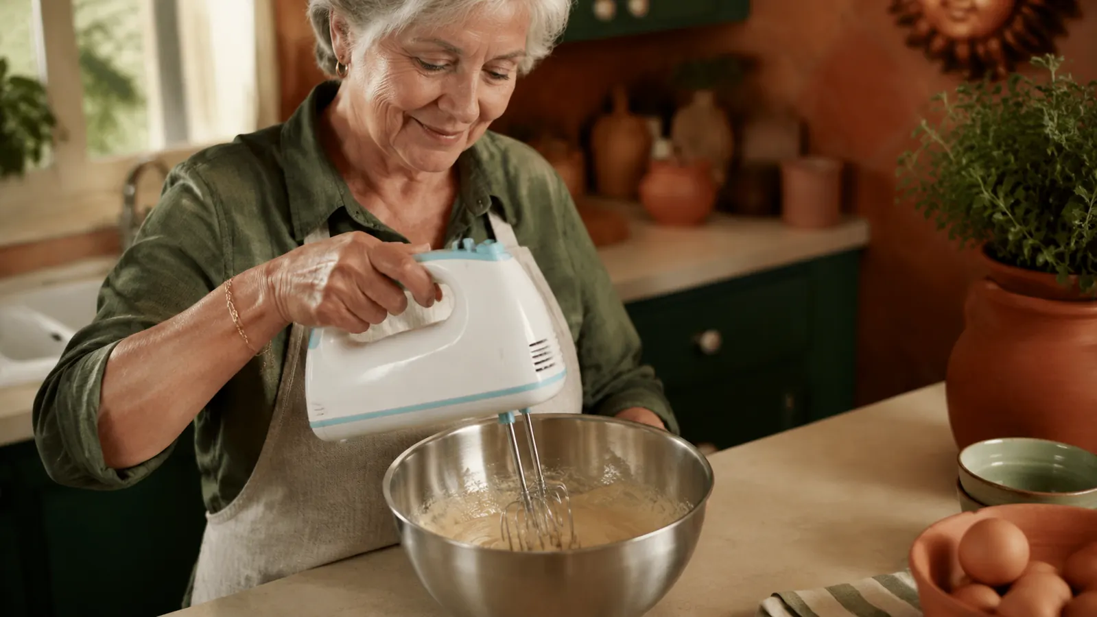 Hand holding the Hamilton Beach mixer, beating batter in a stainless steel bowl