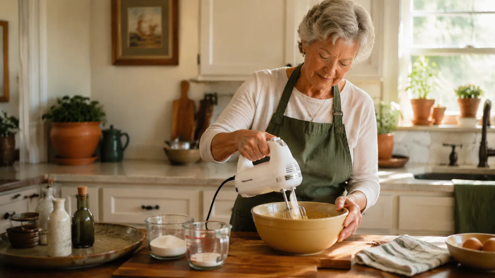 White Hamilton Beach hand mixer sitting on a small kitchen counter next to a bowl of cookie dough