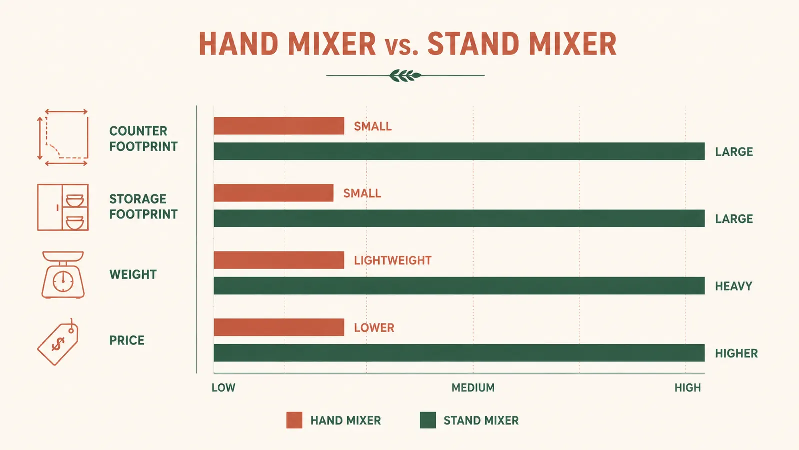Chart comparing counter footprint, storage footprint, weight, and price of a hand mixer versus a stand mixer
