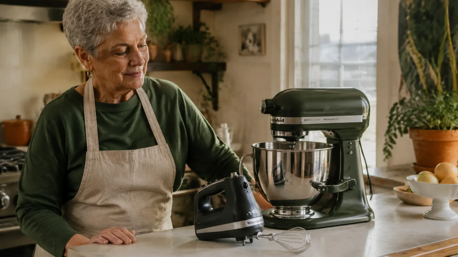 A white Hamilton Beach hand mixer sitting next to a full-size stand mixer on a small kitchen counter, showing the size difference