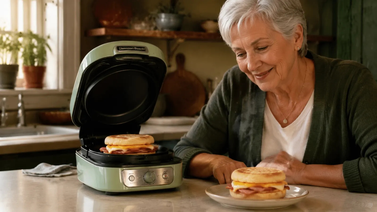 Finished English muffin breakfast sandwich with egg, cheese and Canadian bacon on a small kitchen plate
