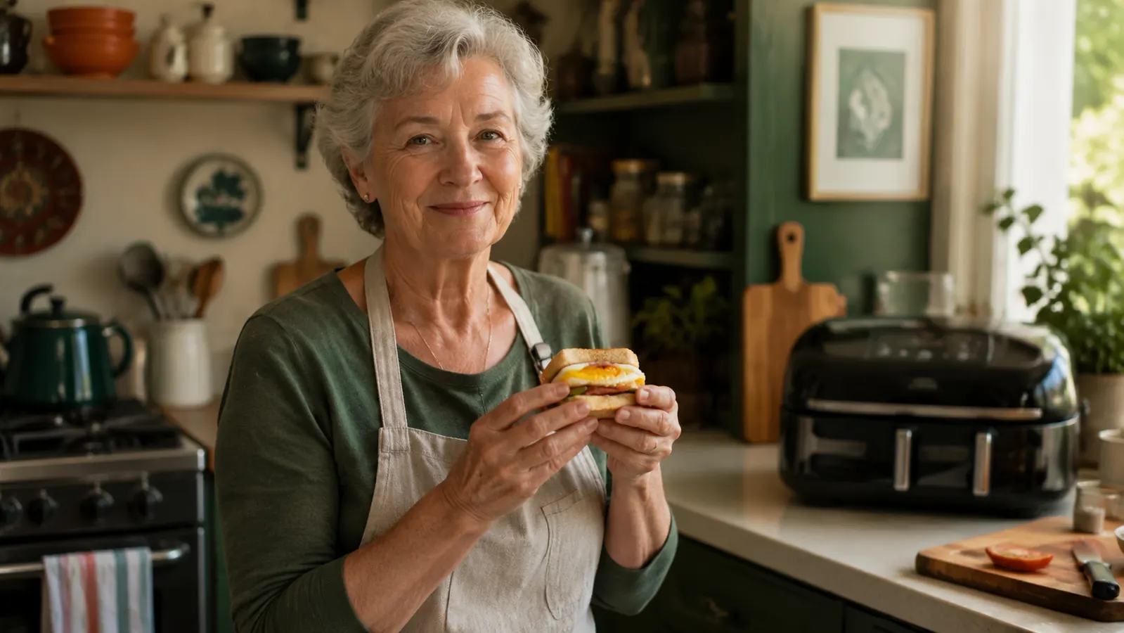 A retired woman in a small kitchen holding a warm breakfast sandwich, morning light through the window