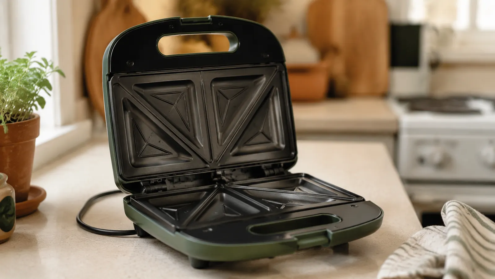 The Hamilton Beach Breakfast Sandwich Maker sitting open on a kitchen counter with its stacked plates visible, next to a carton of eggs and an English muffin