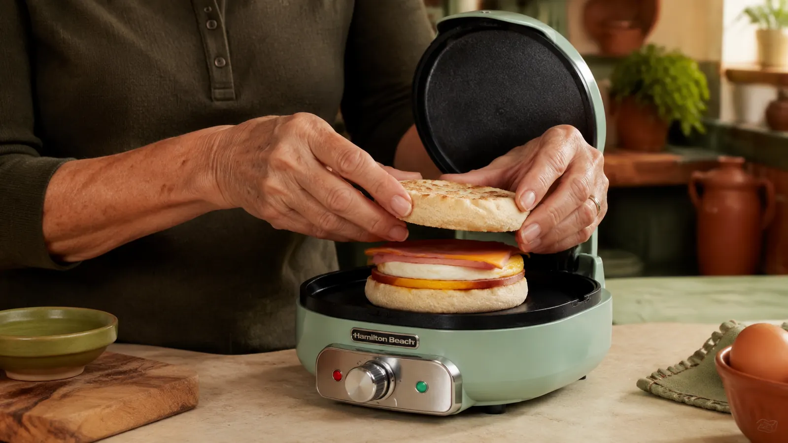 Hands layering an egg patty and a slice of cheese onto an English muffin stacked inside the open Hamilton Beach Breakfast Sandwich Maker