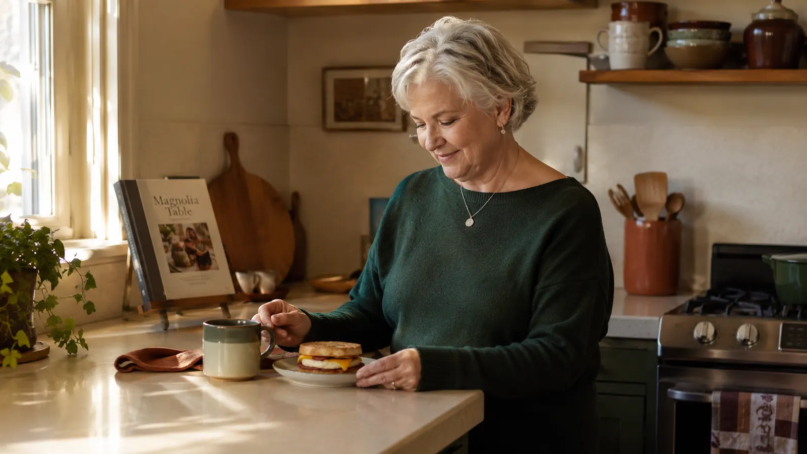 A finished breakfast sandwich with egg, cheese, and Canadian bacon on an English muffin, sitting on a small plate on a kitchen counter in soft morning light