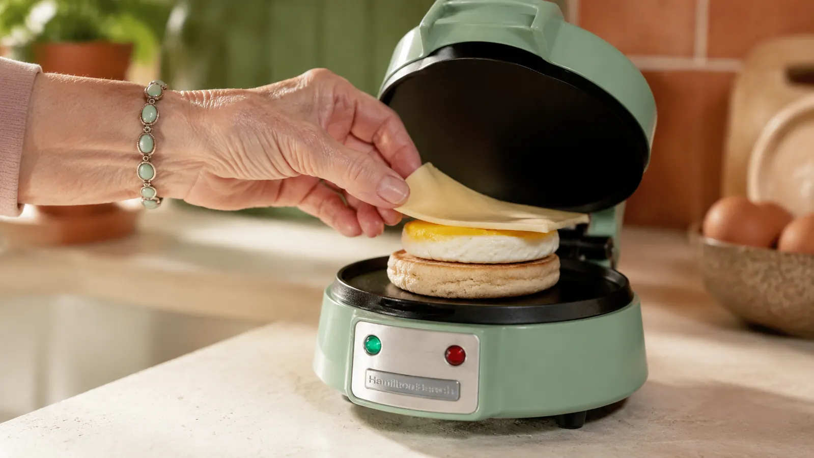 Hand assembling an English muffin, egg, and cheese inside the open breakfast sandwich maker rings