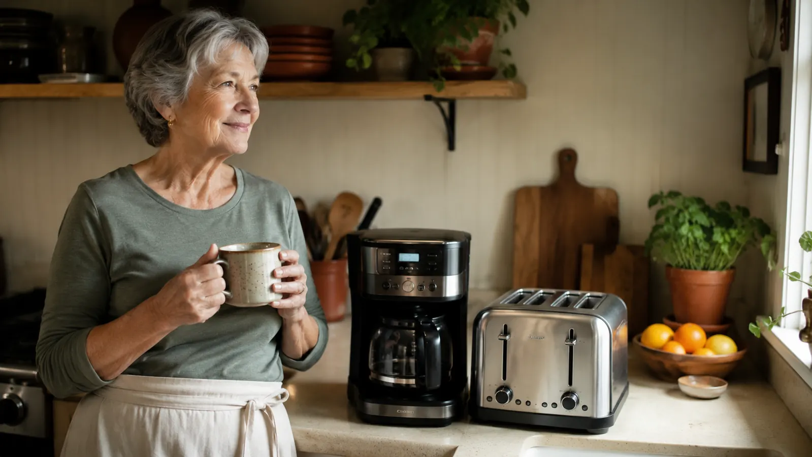 A Hamilton Beach breakfast sandwich maker and a toaster oven sitting side by side on a small kitchen counter