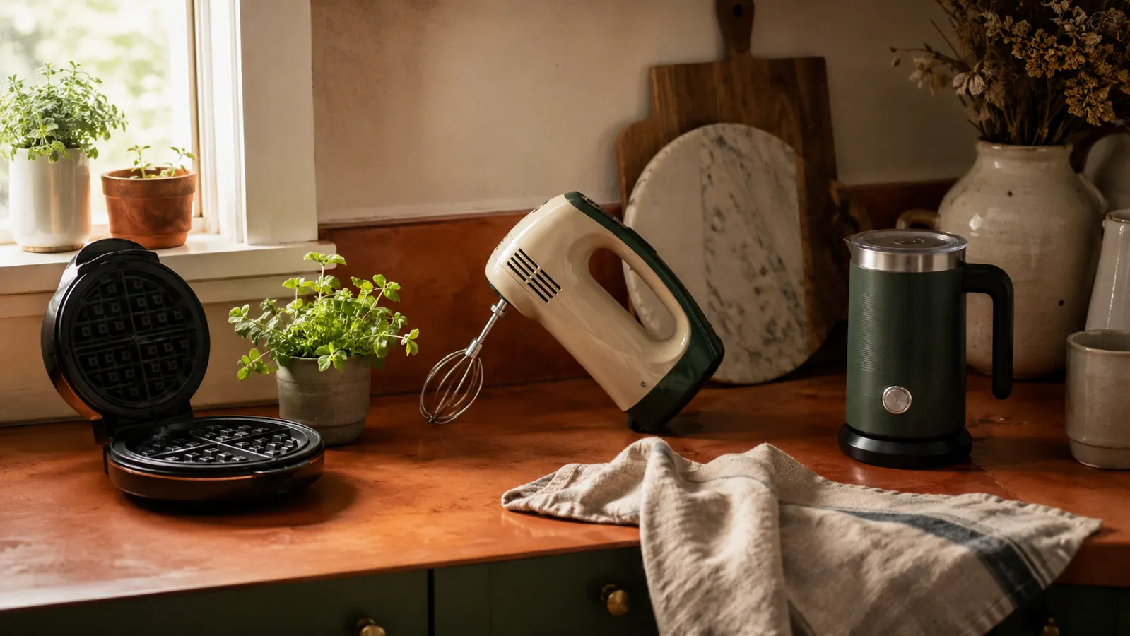 A bright home kitchen counter with fresh produce, a cutting board, and well-used kitchen gadgets in warm natural light