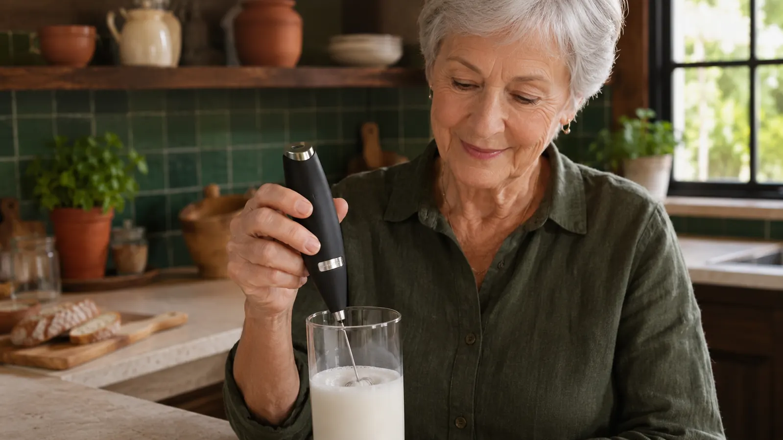 Hand holding the handheld milk frother whisk just below the surface of warm milk in a tall glass