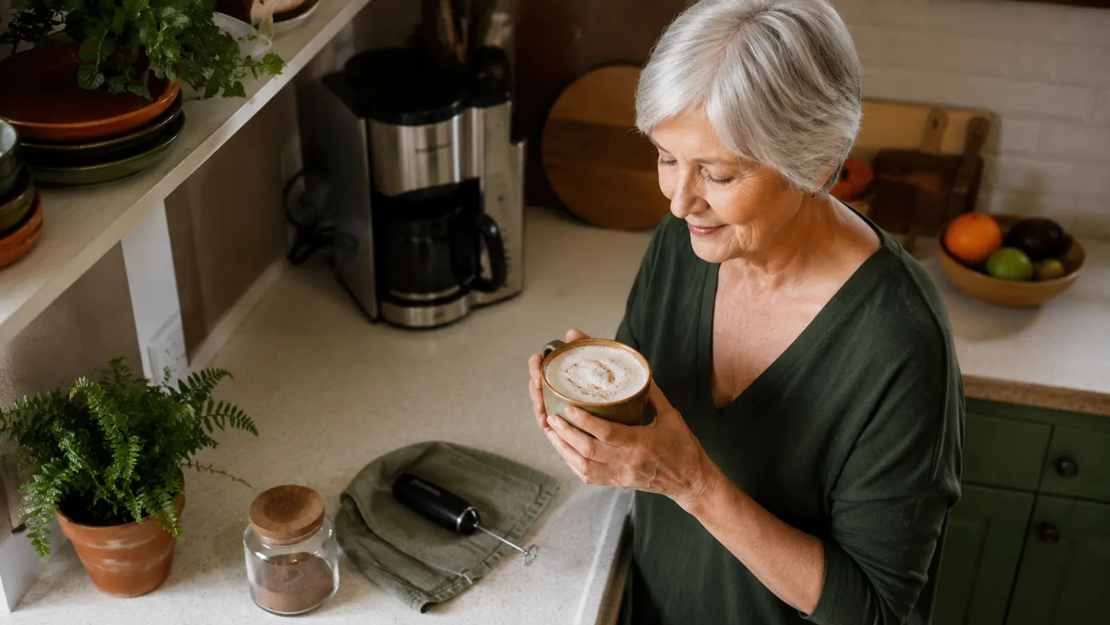 A mug of latte with a thick layer of foam sitting on a small kitchen counter next to a handheld milk frother