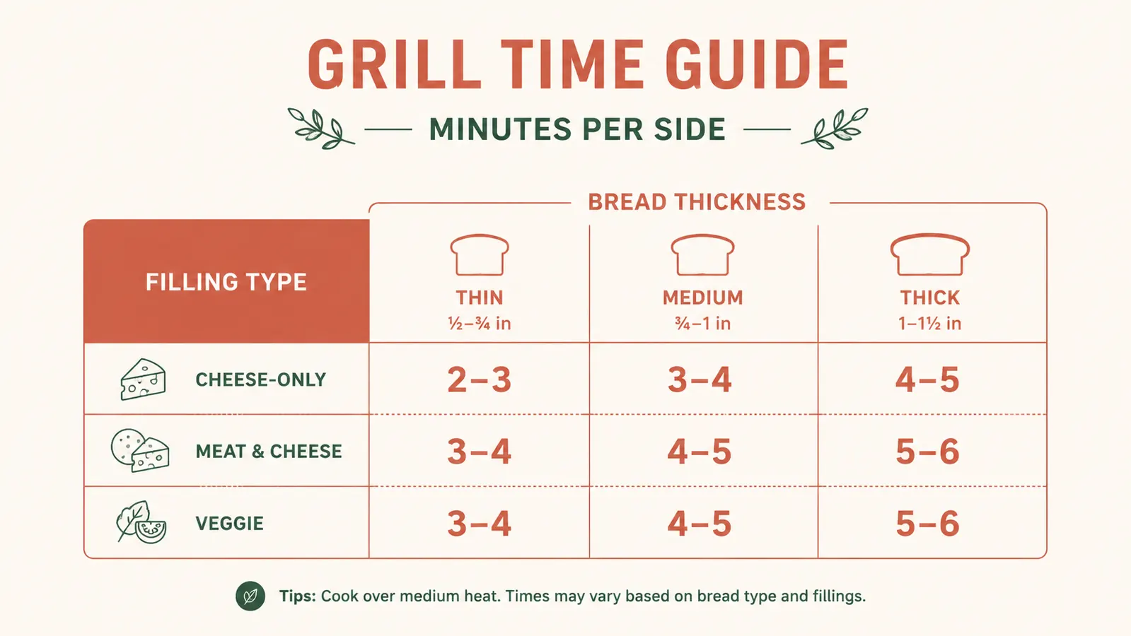 Chart showing ideal panini grill time by bread thickness and filling type