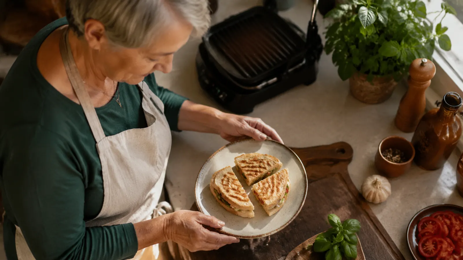 A golden, crisp panini sandwich cut in half on a small kitchen plate, steam rising, mini grill visible in the background