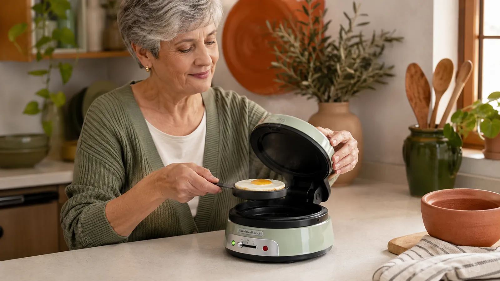 The Hamilton Beach breakfast sandwich maker open, showing the cooked egg patty lifting free of the tray with the rotating top