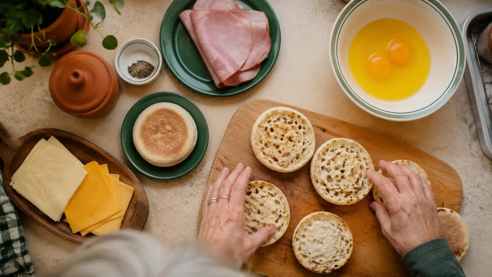 A stack of English muffins, sliced cheese, breakfast meat, and eggs laid out and ready to assemble on a cutting board