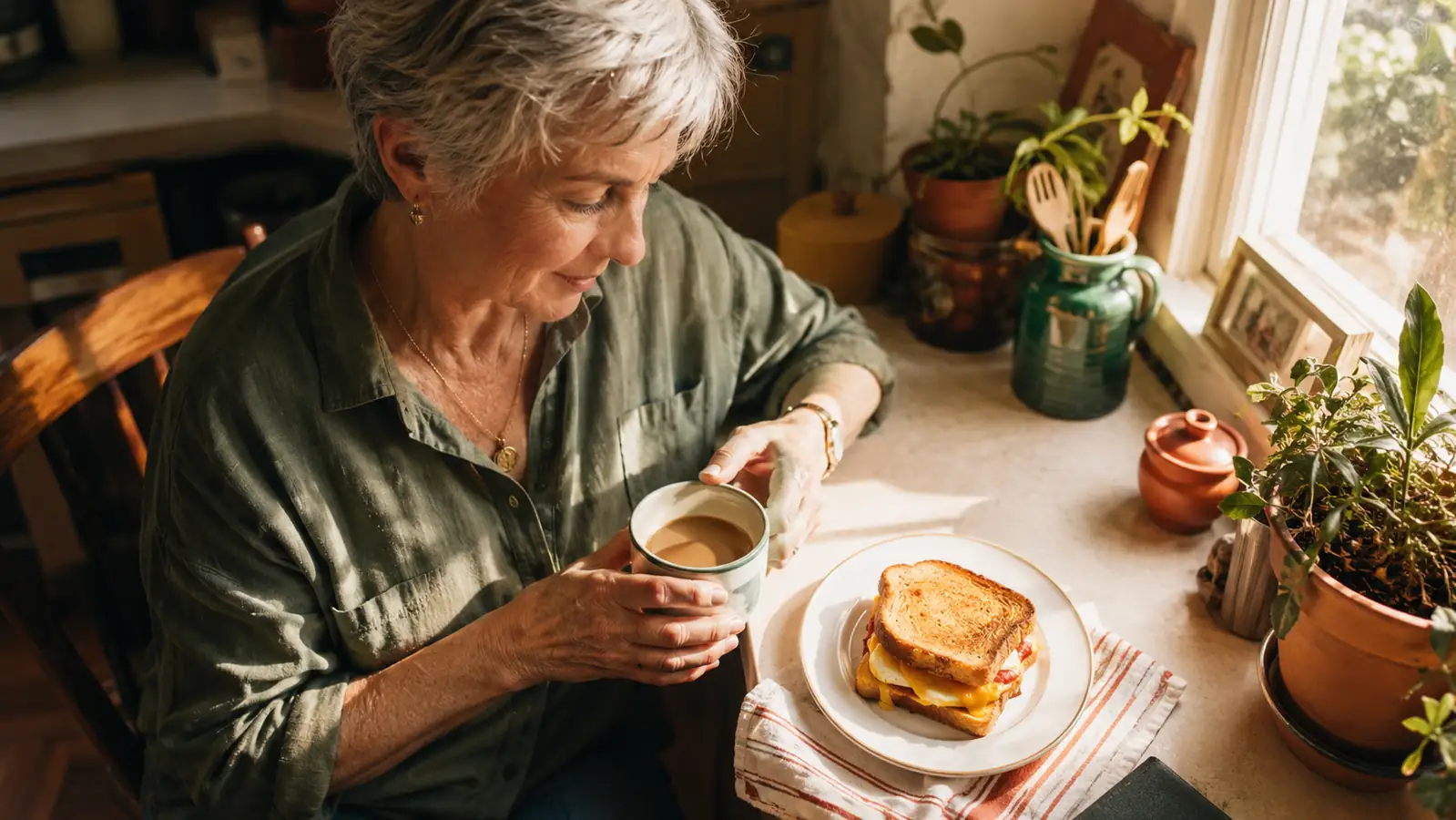 A finished breakfast sandwich with egg, cheese, and Canadian bacon on an English muffin, steam rising, on a small kitchen counter