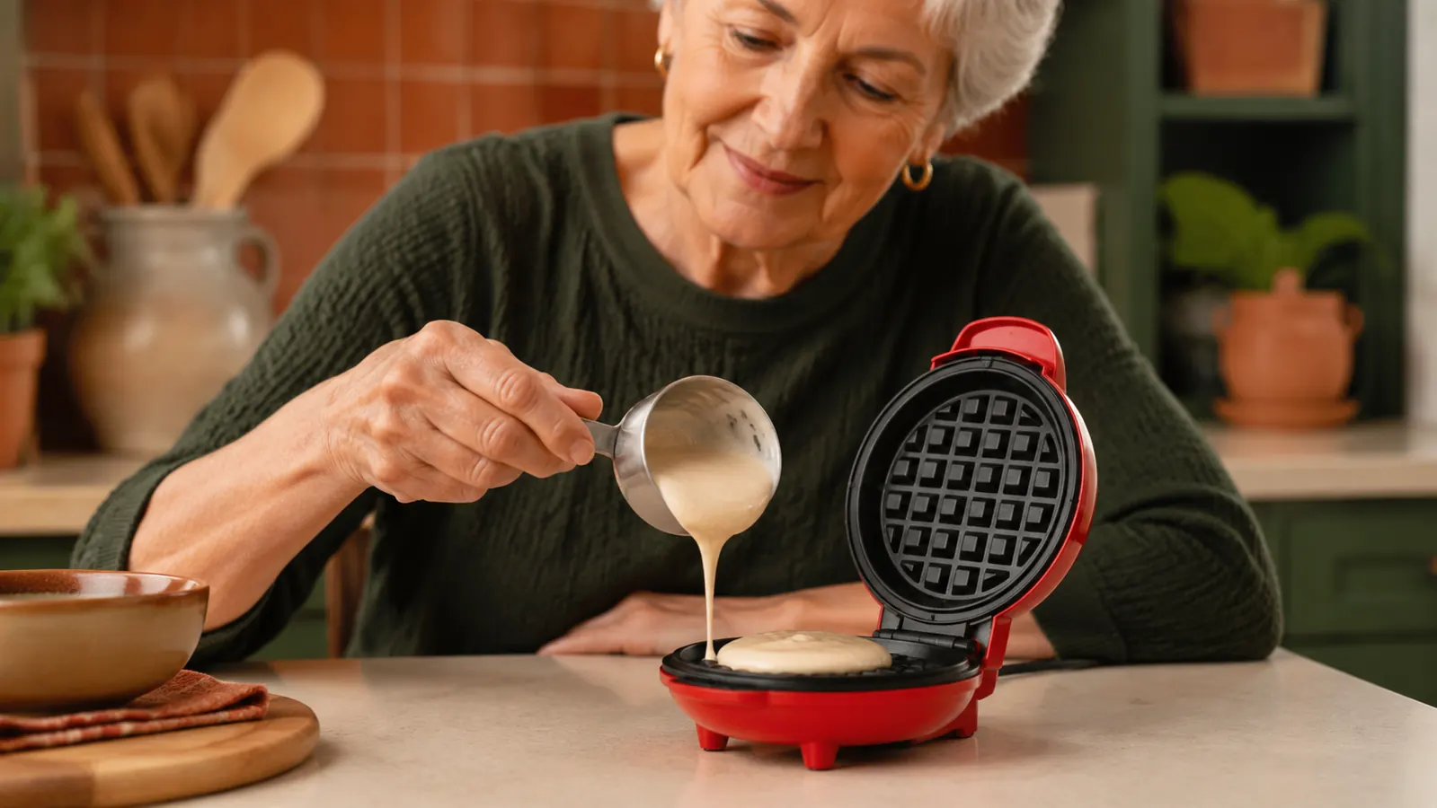 Hand pouring a small measured amount of waffle batter into an open red DASH mini waffle maker