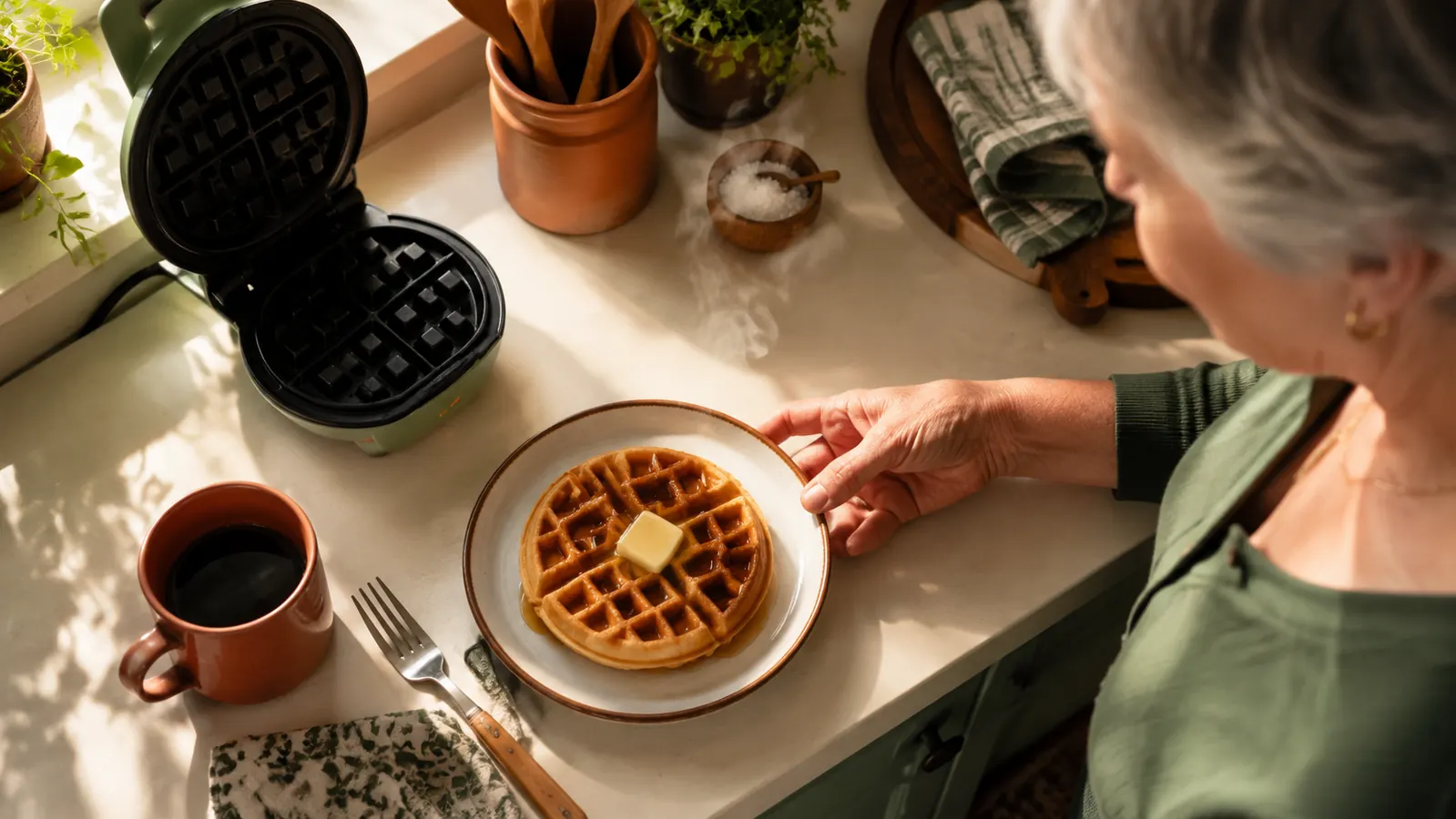 Single golden waffle fresh off a mini waffle maker on a small white plate with butter melting on top