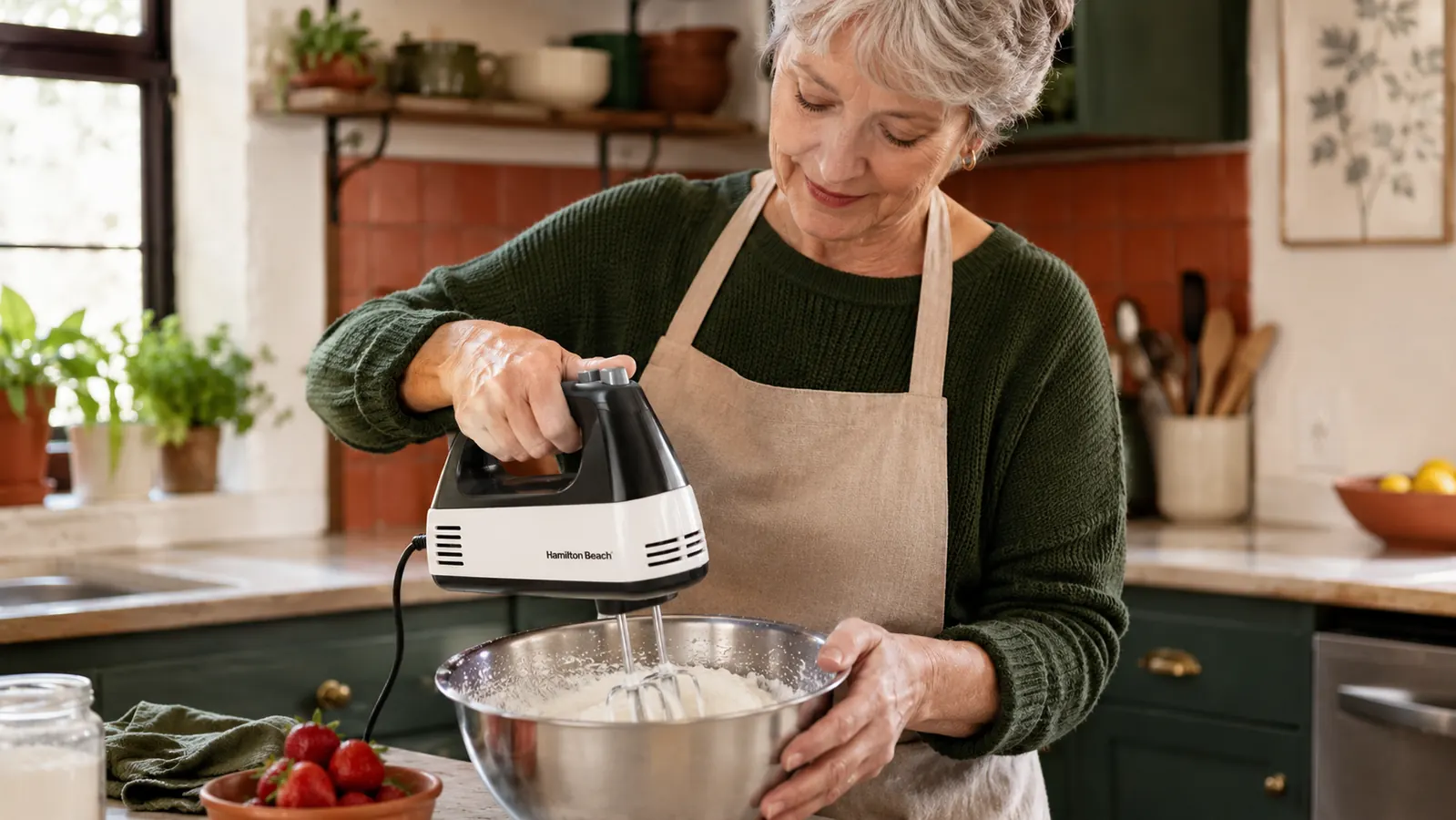 Hand holding a Hamilton Beach hand mixer angled into a bowl of cream, beaters partially submerged