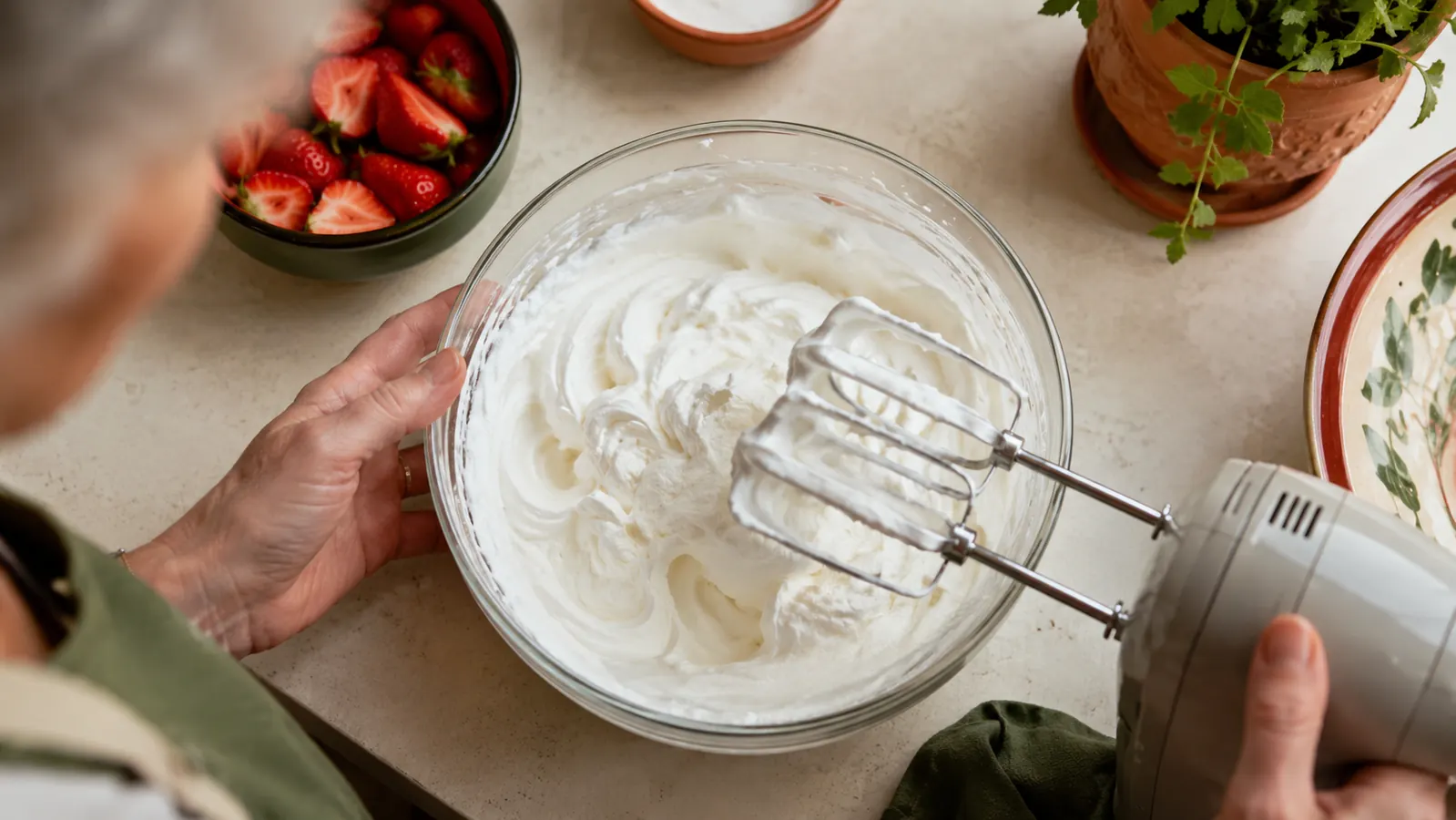 Bowl of freshly whipped cream with soft peaks next to a white hand mixer on a kitchen counter