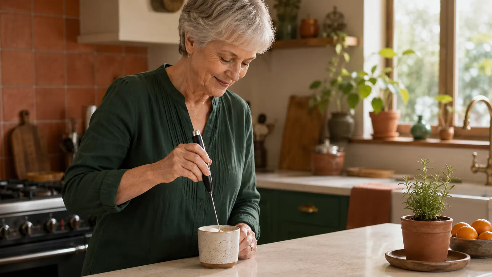 Hand holding the Zulay handheld milk frother whisking milk in a small mug
