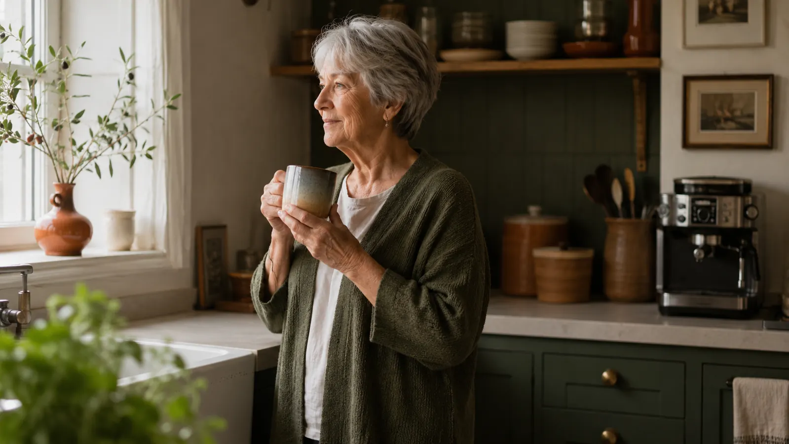 Robin standing at a small kitchen counter in morning light, holding a mug of frothed coffee