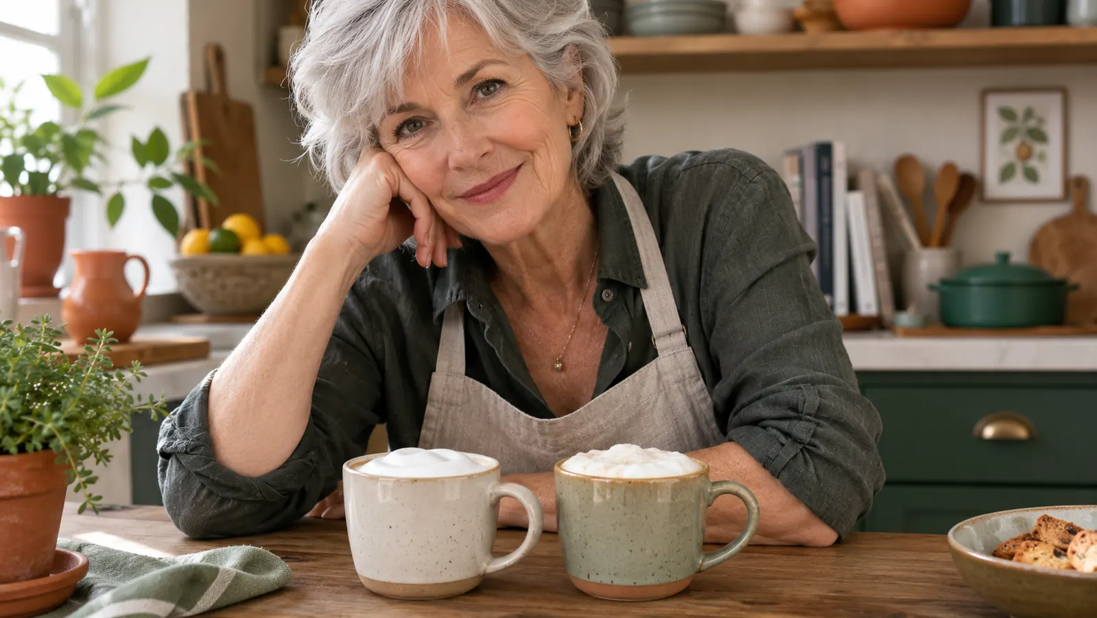 Two mugs side by side on a small kitchen table, one with oat milk foam and one with whole milk foam, comparing texture