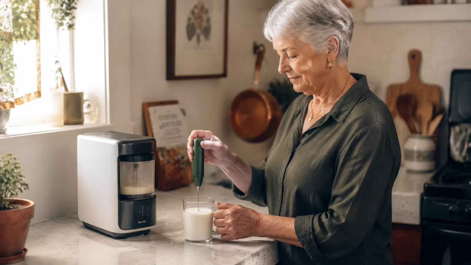 A small handheld milk frother resting beside a bulkier standalone frothing machine on a compact kitchen counter